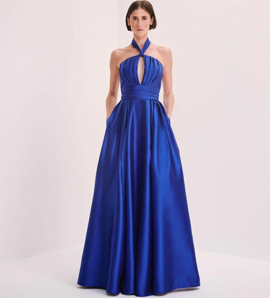 Elegant Long Royal Blue Halter Evening Dresses With Pockets A-Line Satin Backless حزب اللباس Floor Length Party Dress for Women