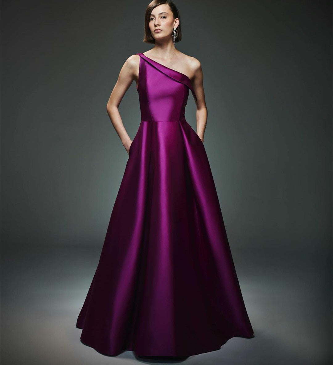 Elegant Long One Shoulder Evening Dresses With Pockets A-Line Satin Purple حزب اللباس Floor Length Party Dress for Women