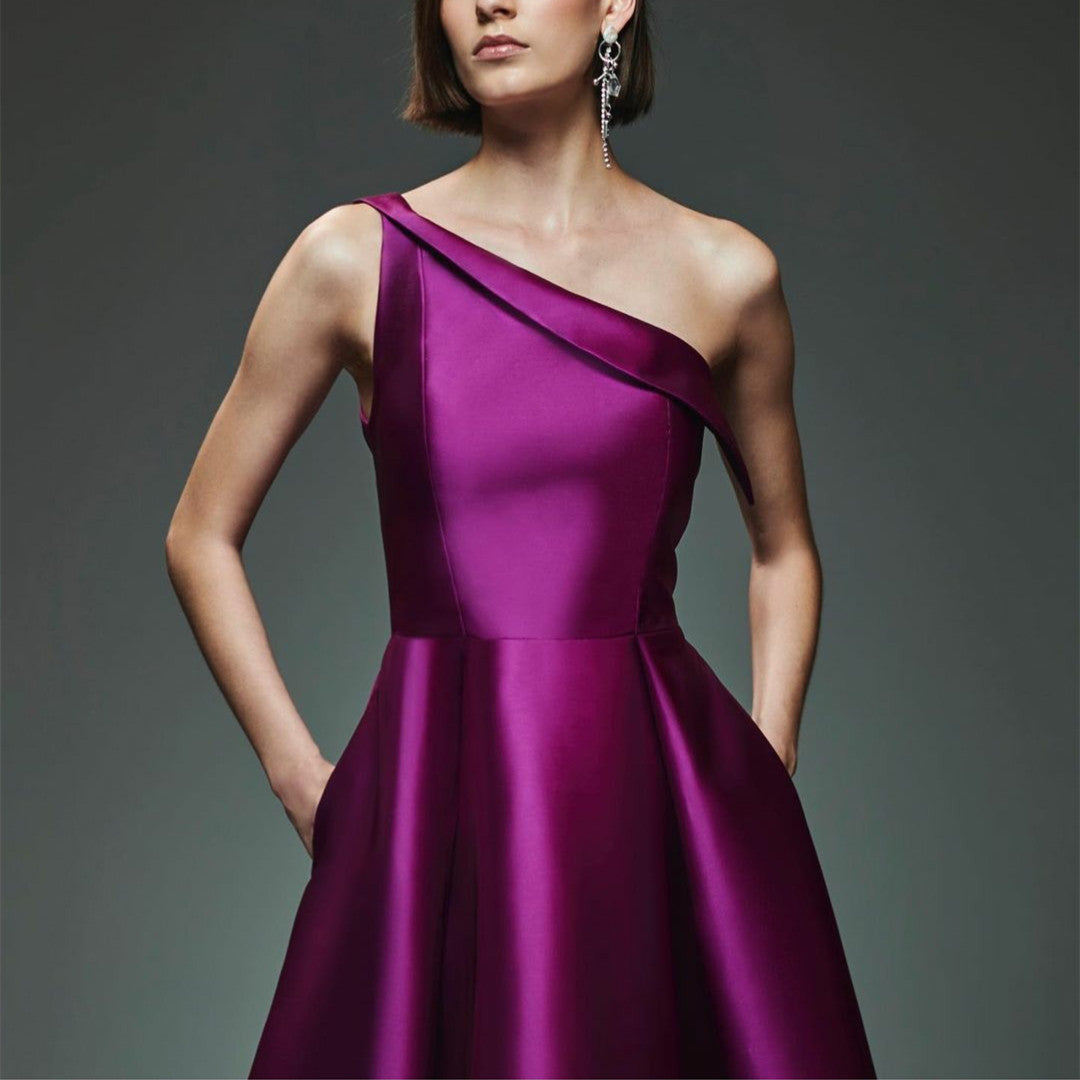 Elegant Long One Shoulder Evening Dresses With Pockets A-Line Satin Purple حزب اللباس Floor Length Party Dress for Women