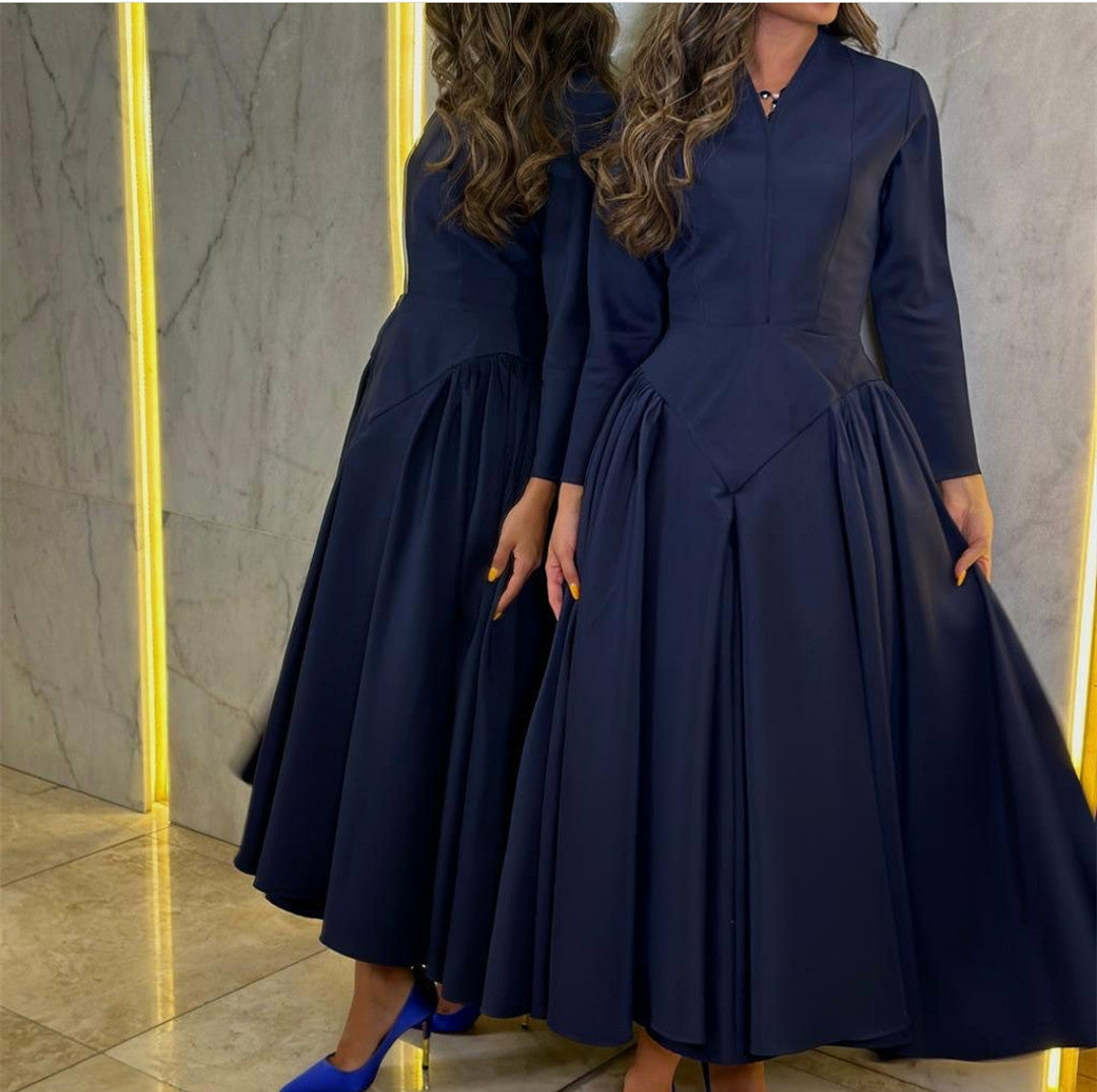 Vintage Long V-Neck Navy Blue Evening Dresses with Pockets A-Line Ankle Length فساتين سهرة Muslim Party Dresses for Women