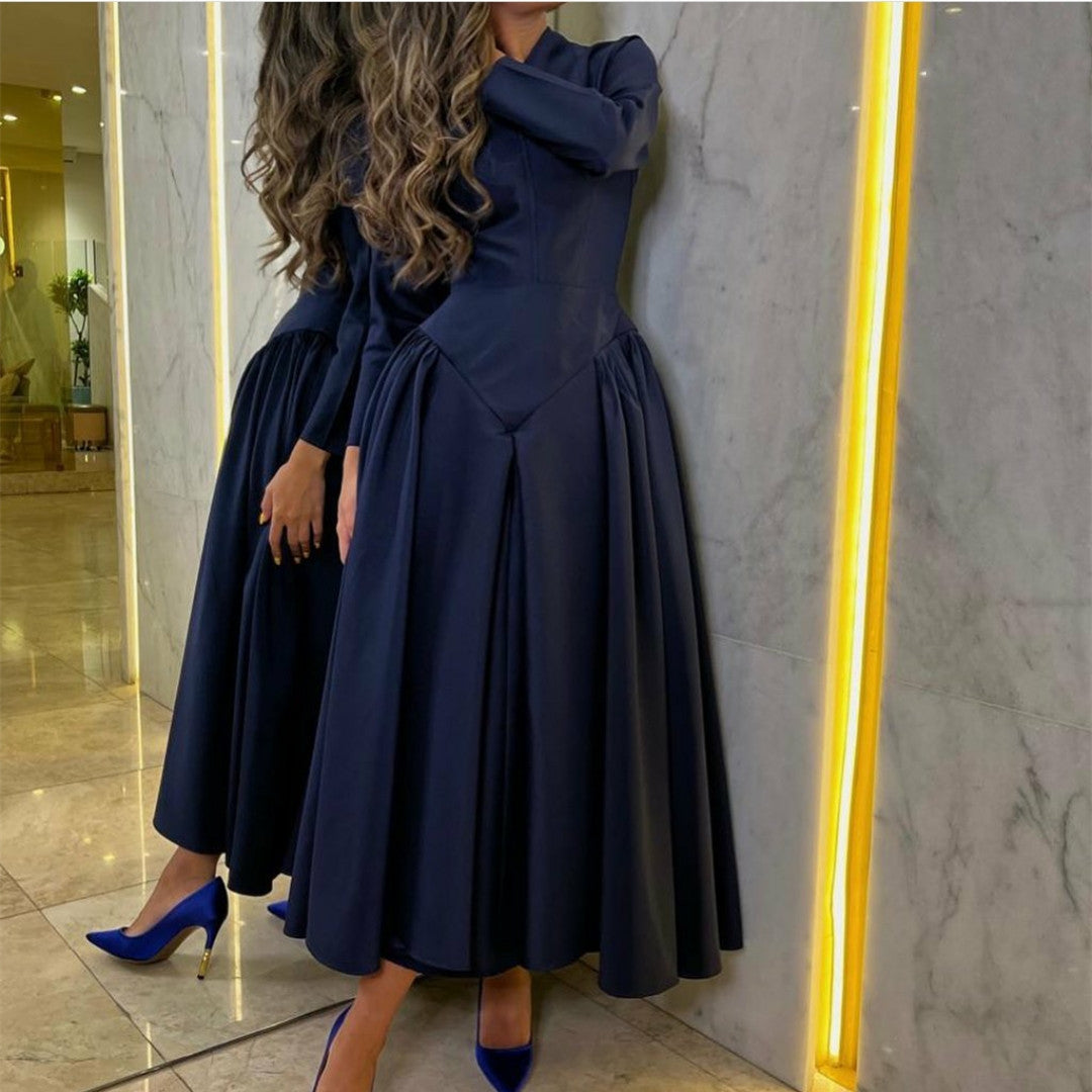 Vintage Long V-Neck Navy Blue Evening Dresses with Pockets A-Line Ankle Length فساتين سهرة Muslim Party Dresses for Women