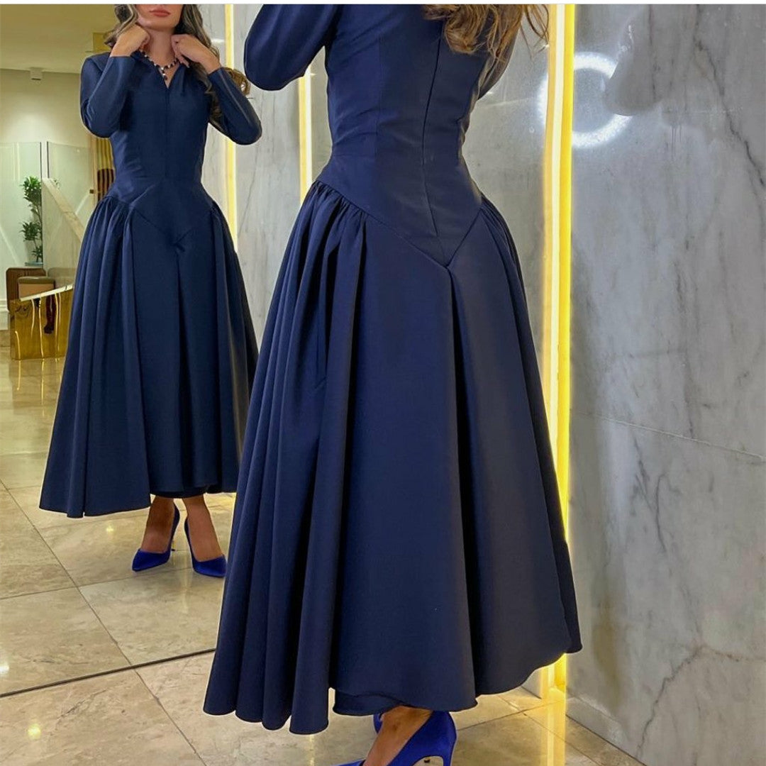 Vintage Long V-Neck Navy Blue Evening Dresses with Pockets A-Line Ankle Length فساتين سهرة Muslim Party Dresses for Women