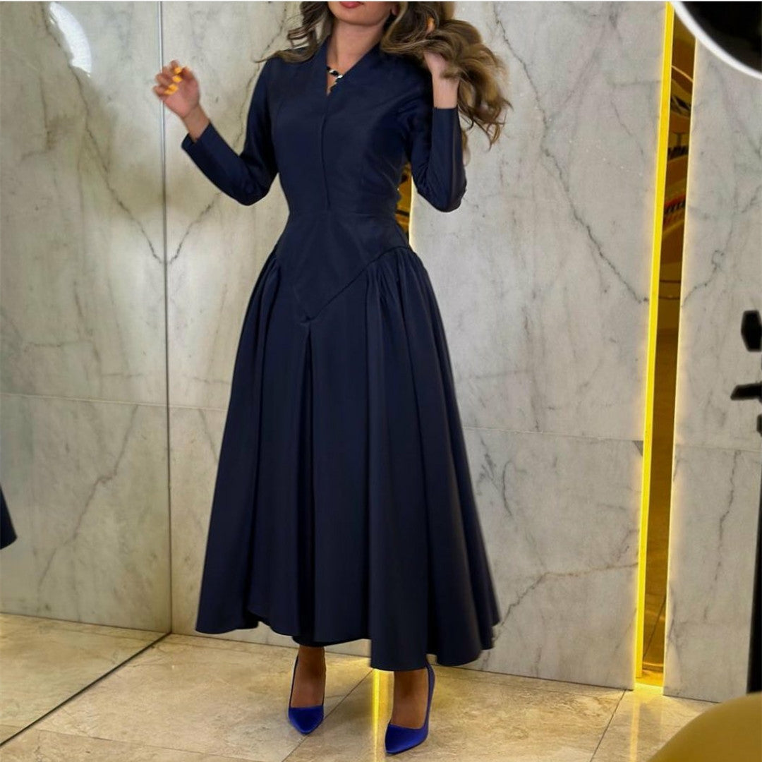 Vintage Long V-Neck Navy Blue Evening Dresses with Pockets A-Line Ankle Length فساتين سهرة Muslim Party Dresses for Women