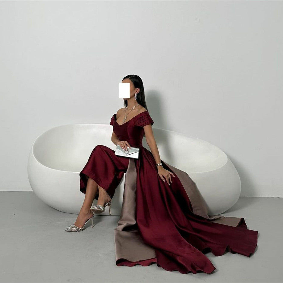 Long Burgundy Crepe Evening Dresses With Side Train Sheath Satin High Neck Sweep Train فساتين السهرة Ramadan Eid Dresses