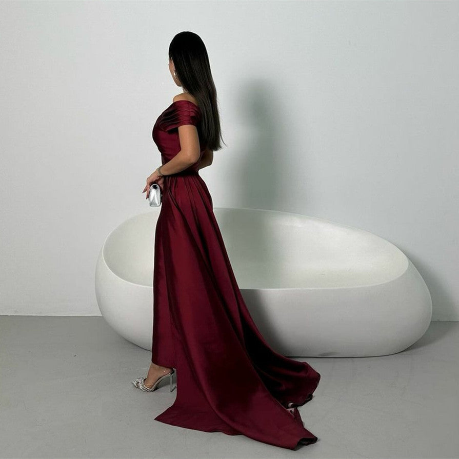 Long Burgundy Crepe Evening Dresses With Side Train Sheath Satin High Neck Sweep Train فساتين السهرة Ramadan Eid Dresses