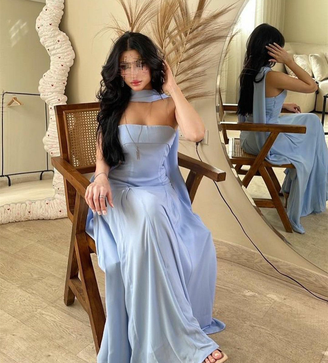 Long Light Blue Chiffon Evening Dresses With Ribbon Sheath Strapless Ankle Length فساتين السهرة Ramadan Eid Dresses