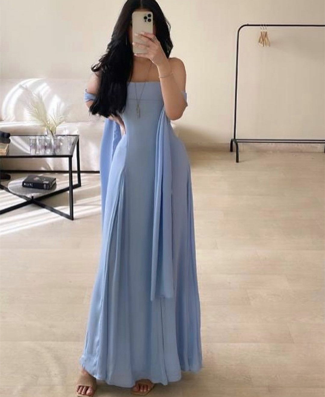 Long Light Blue Chiffon Evening Dresses With Ribbon Sheath Strapless Ankle Length فساتين السهرة Ramadan Eid Dresses