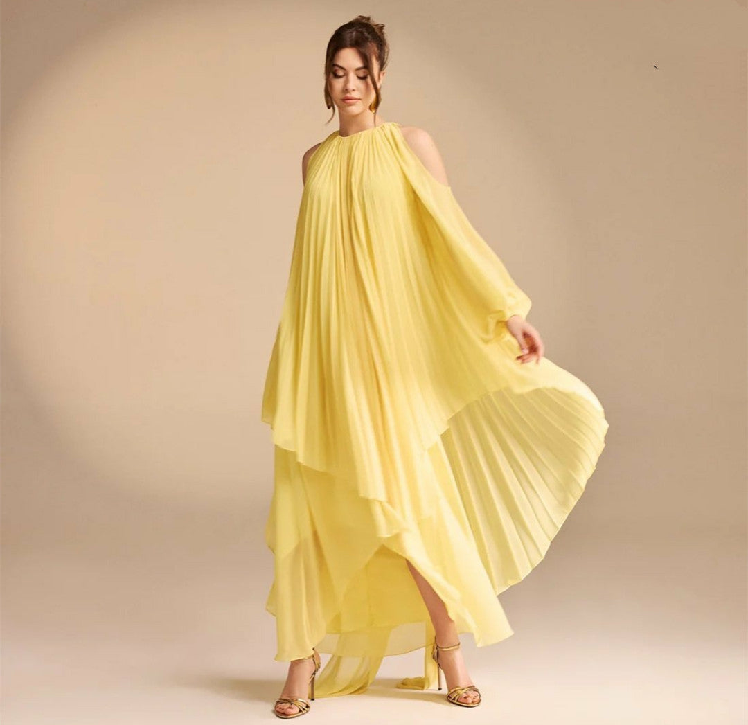 Classy Hi-Lo Ruched Chiffon Evening Dresses Asymmetrical Length فساتين سهرة Muslim Robes de Soirée for Women