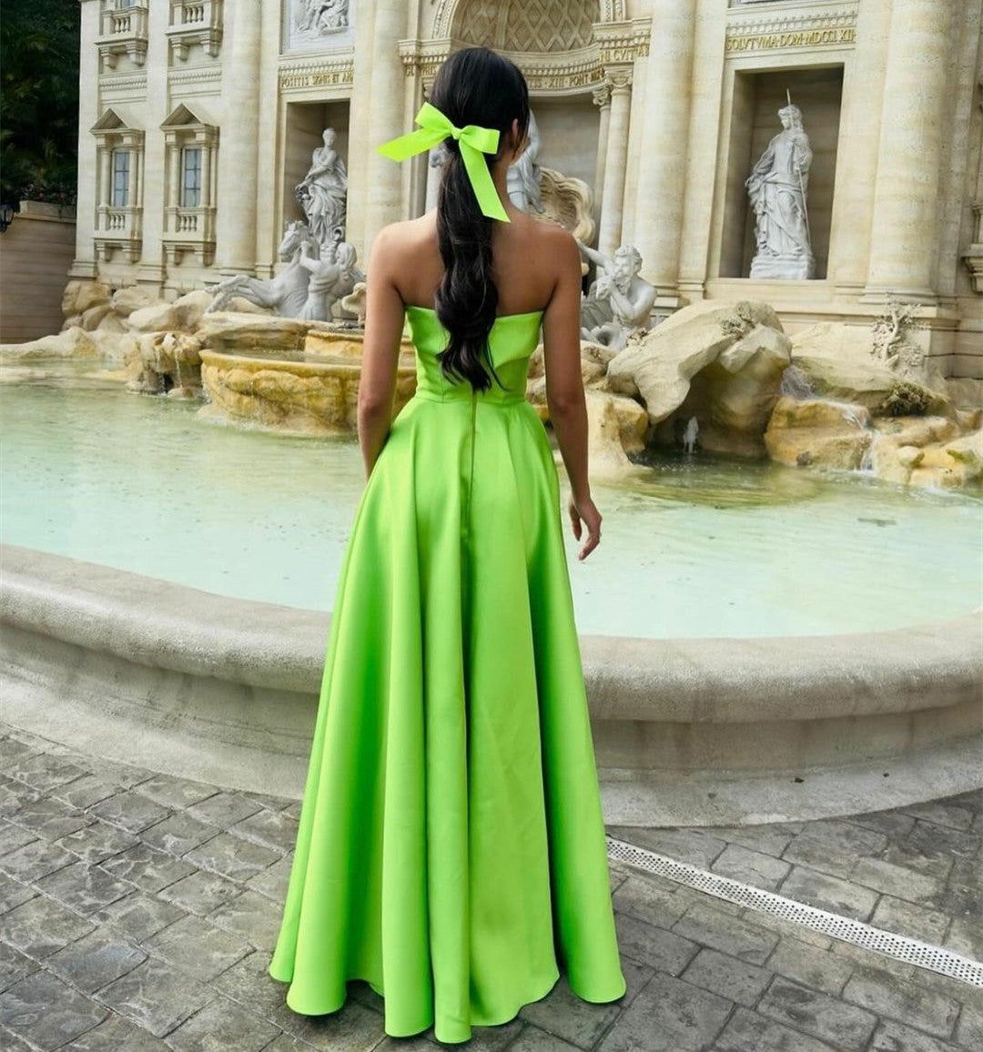 Long Satin Green Evening Dresses with Pockets A-Line Strapless Floor Length فساتين سهرة Wedding Guest Dress for Women