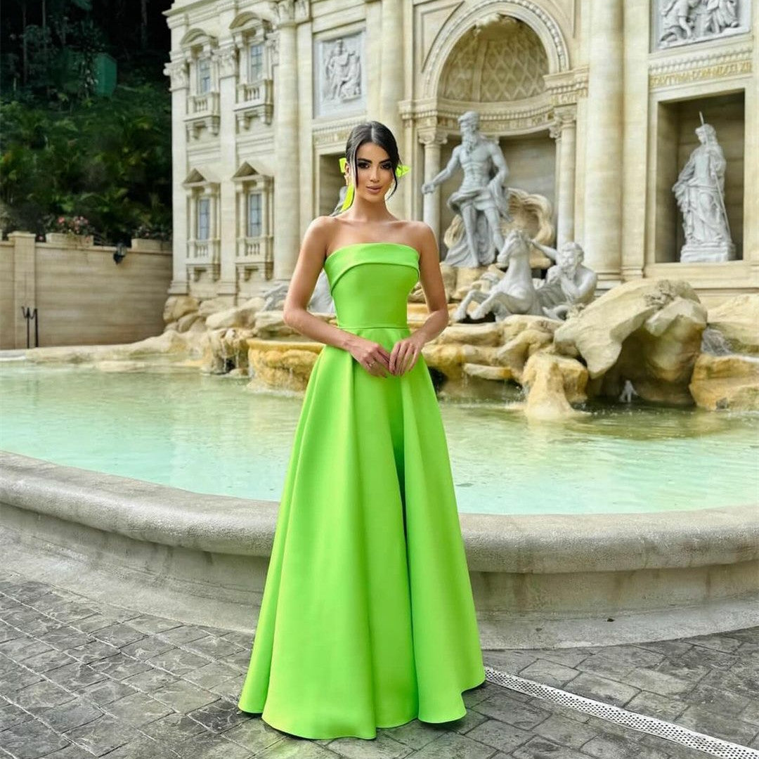 Long Satin Green Evening Dresses with Pockets A-Line Strapless Floor Length فساتين سهرة Wedding Guest Dress for Women