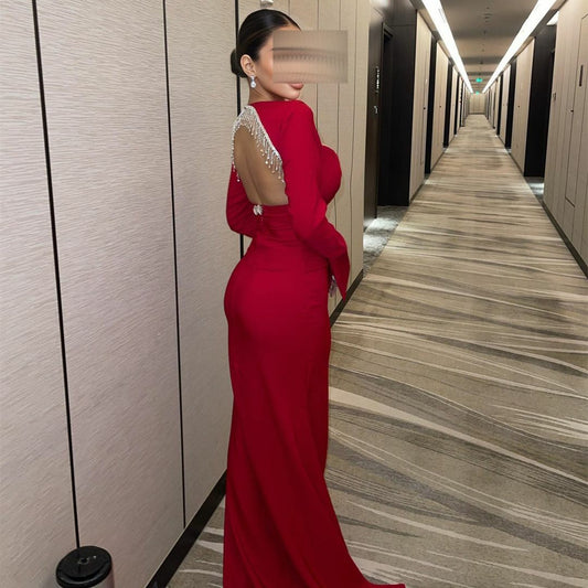 Elegant Long Red Mermaid Evening Dresses فساتين سهرة Beaded Open Back Watteau Train Formal Party Dress robes de soirée for Women