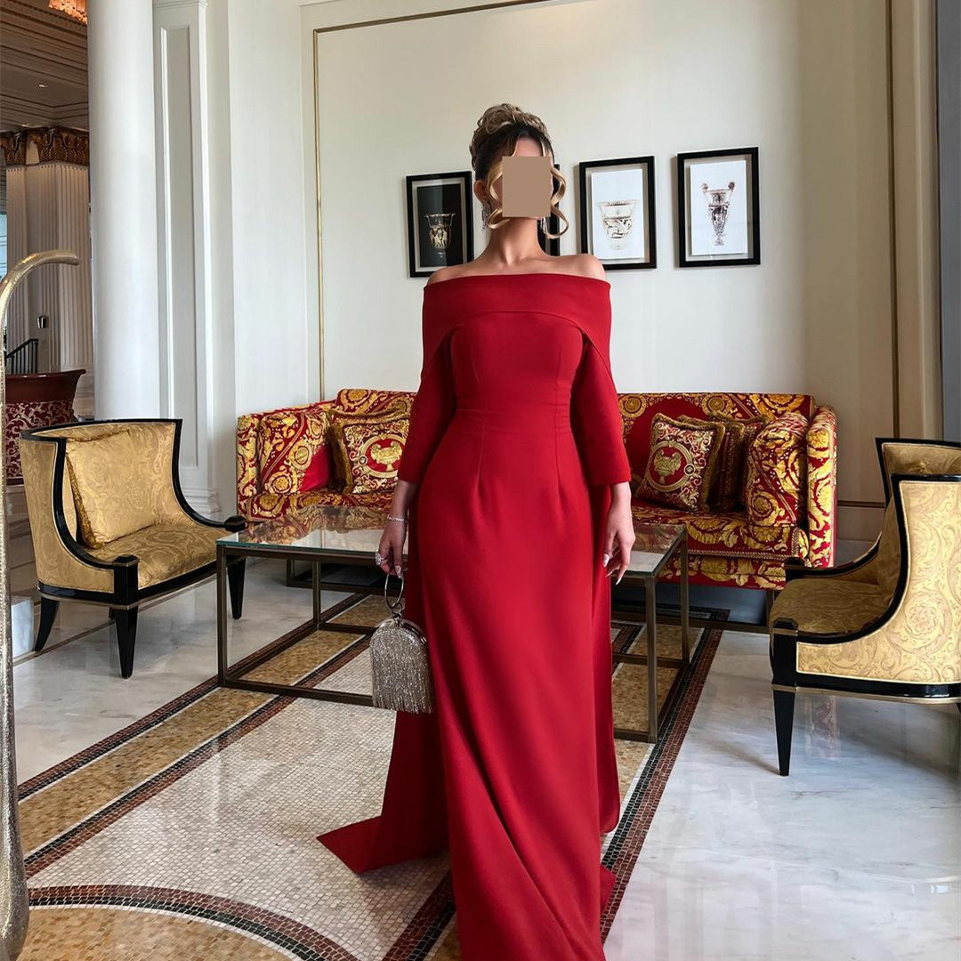 Long Red Crepe Evening Dresses With Cape Sheath Bateau Neck Floor Length فساتين السهرة Ramadan Eid Dresses