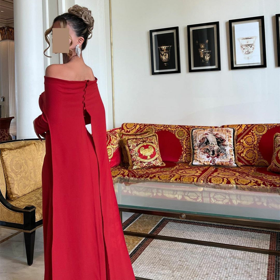 Long Red Crepe Evening Dresses With Cape Sheath Bateau Neck Floor Length فساتين السهرة Ramadan Eid Dresses