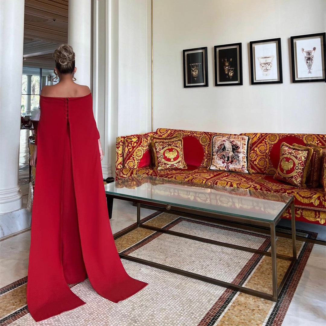 Long Red Crepe Evening Dresses With Cape Sheath Bateau Neck Floor Length فساتين السهرة Ramadan Eid Dresses