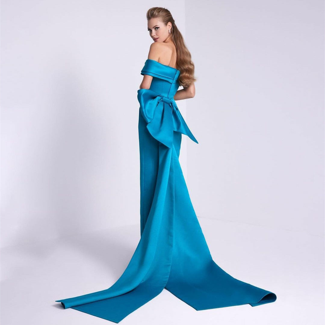 Vintage Long Blue Satin Evening Dresses Mermaid Off Shoulder Pleated Floor Length فساتين السهرة Ramadan Eid Dresses