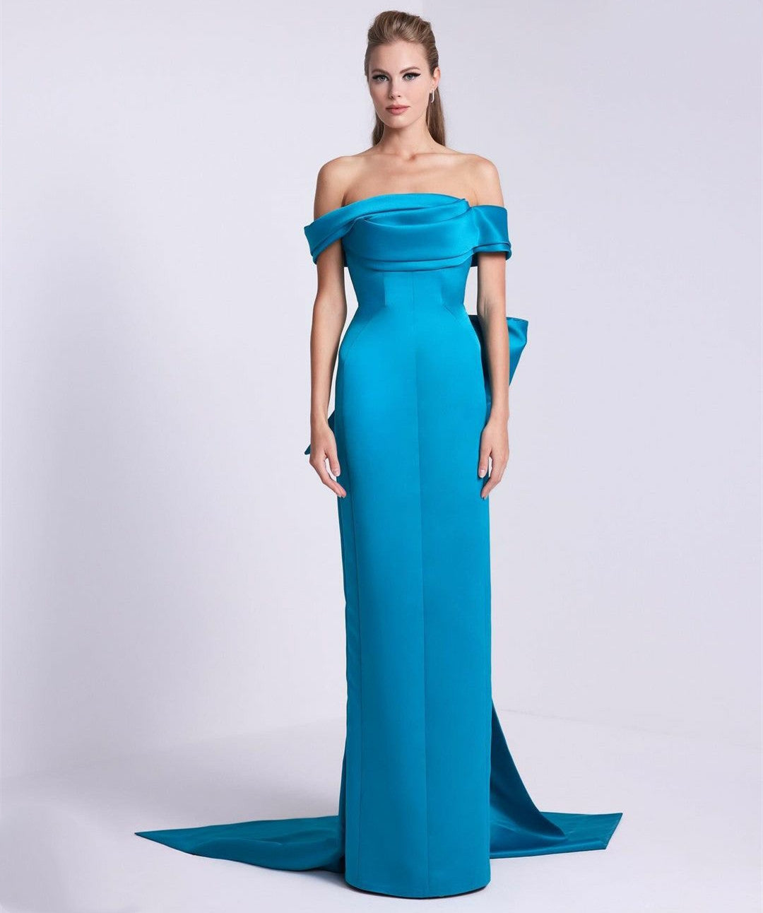 Vintage Long Blue Satin Evening Dresses Mermaid Off Shoulder Pleated Floor Length فساتين السهرة Ramadan Eid Dresses