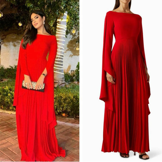 Long Sleeve Red Chiffon Evening Dresses A-Line Ruched Floor Length فساتين السهرة Ramadan Eid Dresses