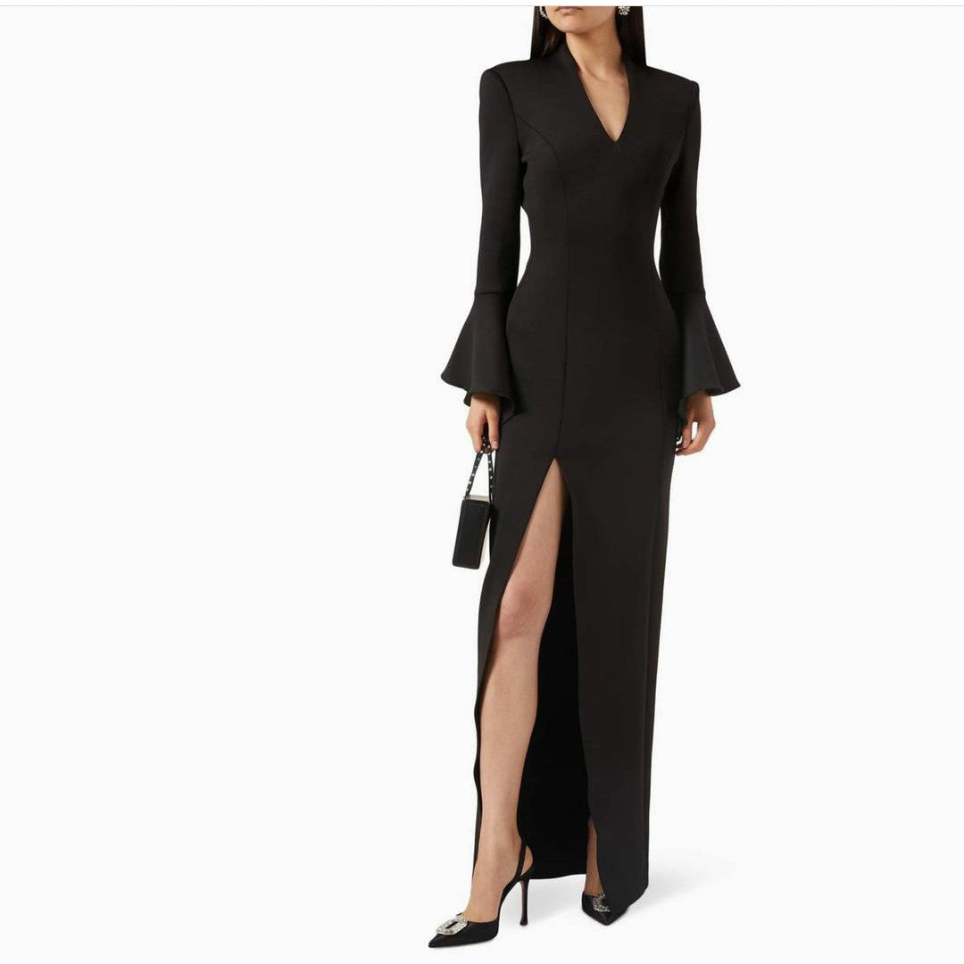 Long Sleeve Black Crepe Evening Dresses with Slit Sheath Floor Length فساتين سهرة Wedding Guest Dress for Women