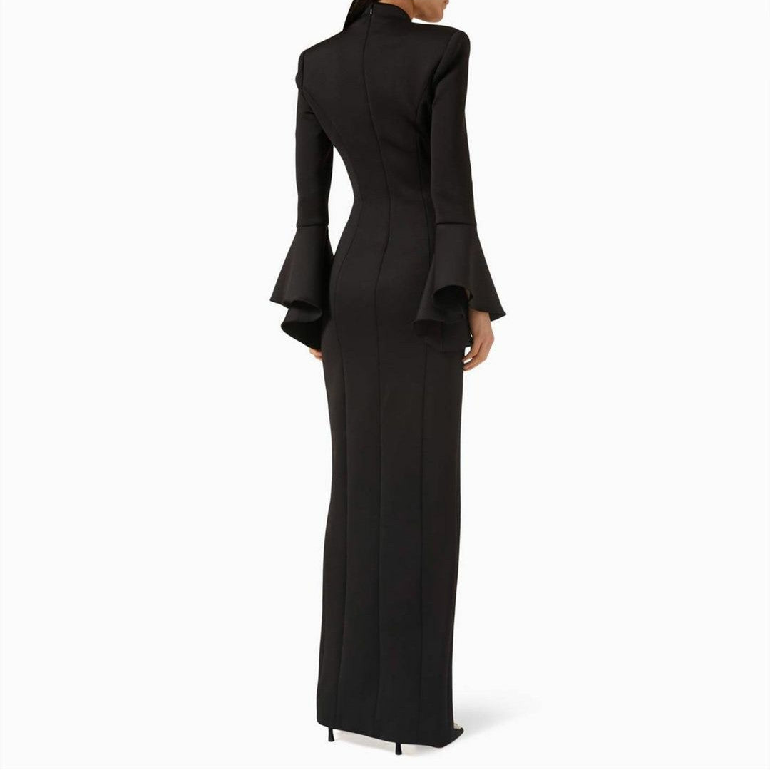 Long Sleeve Black Crepe Evening Dresses with Slit Sheath Floor Length فساتين سهرة Wedding Guest Dress for Women