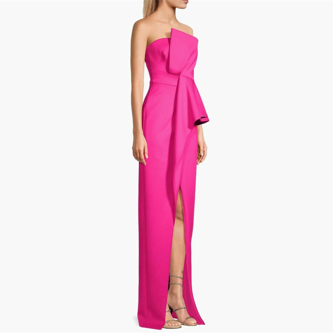 Long Fuchsia Crepe Evening Dresses with Ruffles/Slit Sheath Floor Length فساتين سهرة Wedding Guest Dress for Women