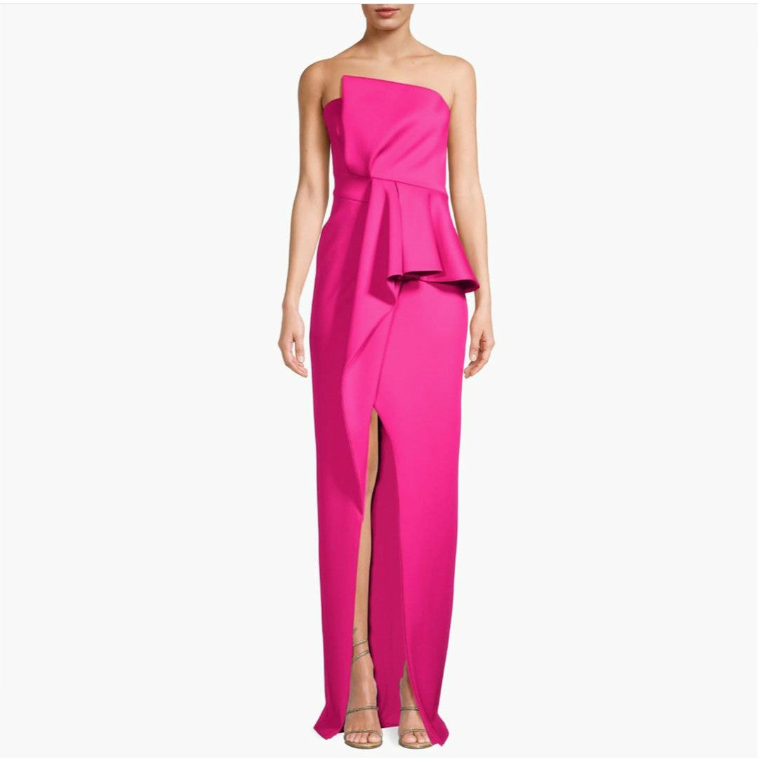 Long Fuchsia Crepe Evening Dresses with Ruffles/Slit Sheath Floor Length فساتين سهرة Wedding Guest Dress for Women