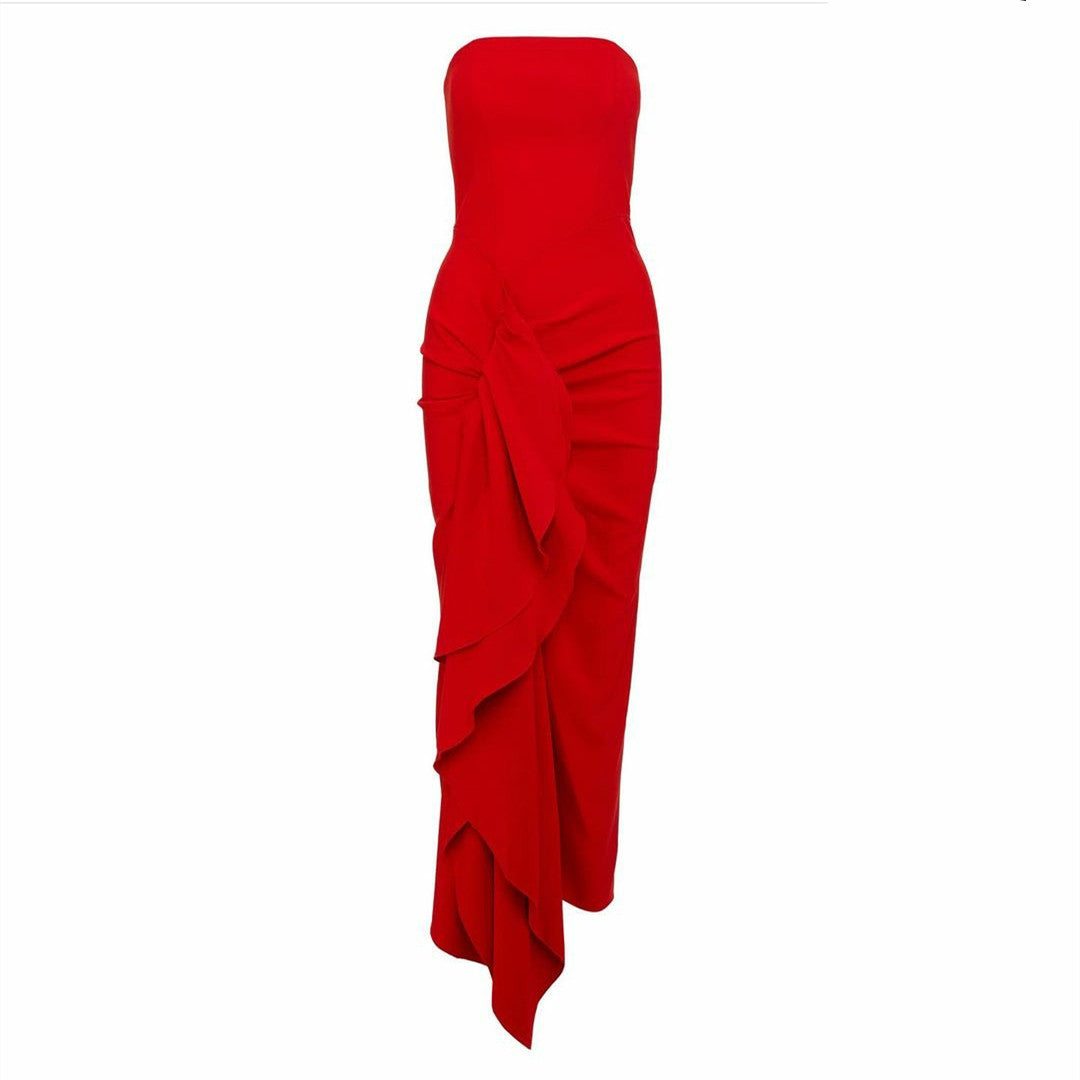 Short Red Crepe Evening Dresses with Ruffles/Slit Sheath Strapless Ankle Length فساتين سهرة Wedding Guest Dress for Women