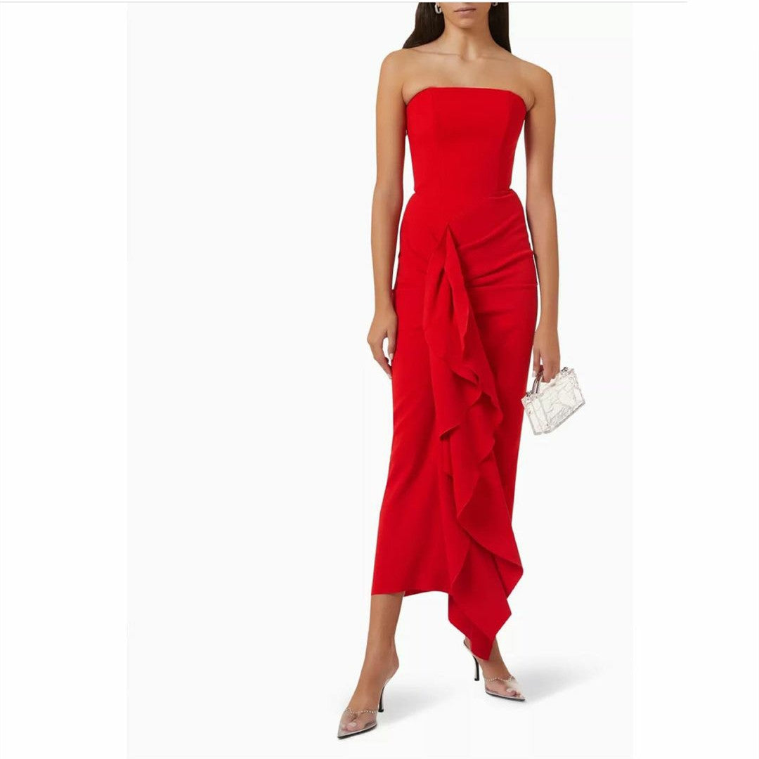 Short Red Crepe Evening Dresses with Ruffles/Slit Sheath Strapless Ankle Length فساتين سهرة Wedding Guest Dress for Women