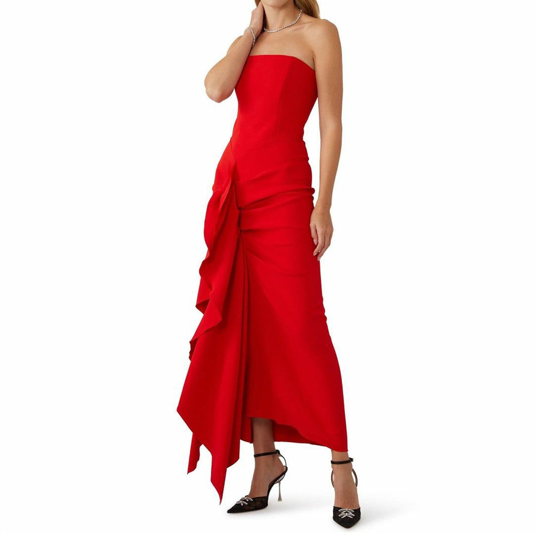 Short Red Crepe Evening Dresses with Ruffles/Slit Sheath Strapless Ankle Length فساتين سهرة Wedding Guest Dress for Women