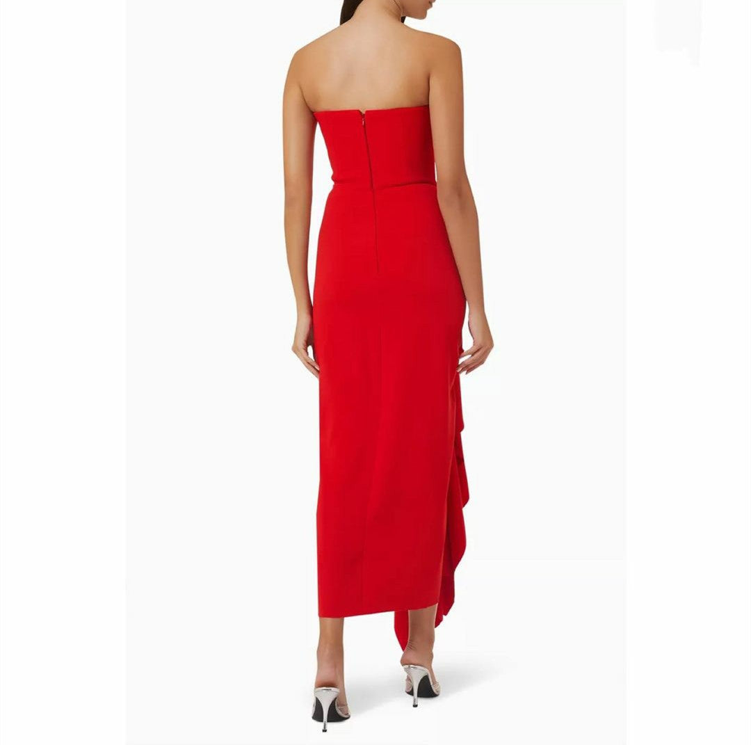 Short Red Crepe Evening Dresses with Ruffles/Slit Sheath Strapless Ankle Length فساتين سهرة Wedding Guest Dress for Women