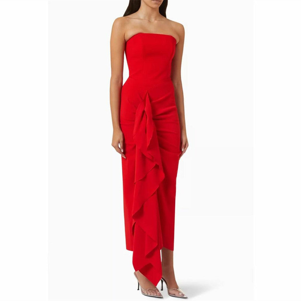 Short Red Crepe Evening Dresses with Ruffles/Slit Sheath Strapless Ankle Length فساتين سهرة Wedding Guest Dress for Women