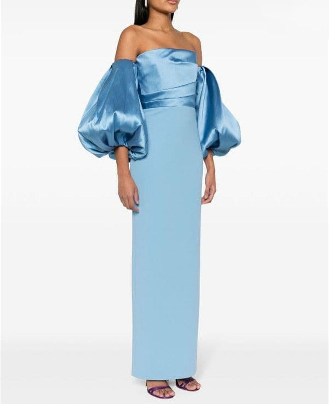 Long Sleeve Light Blue Satin Evening Dresses with Slit Sheath Ankle Length فساتين سهرة Wedding Guest Dress for Women