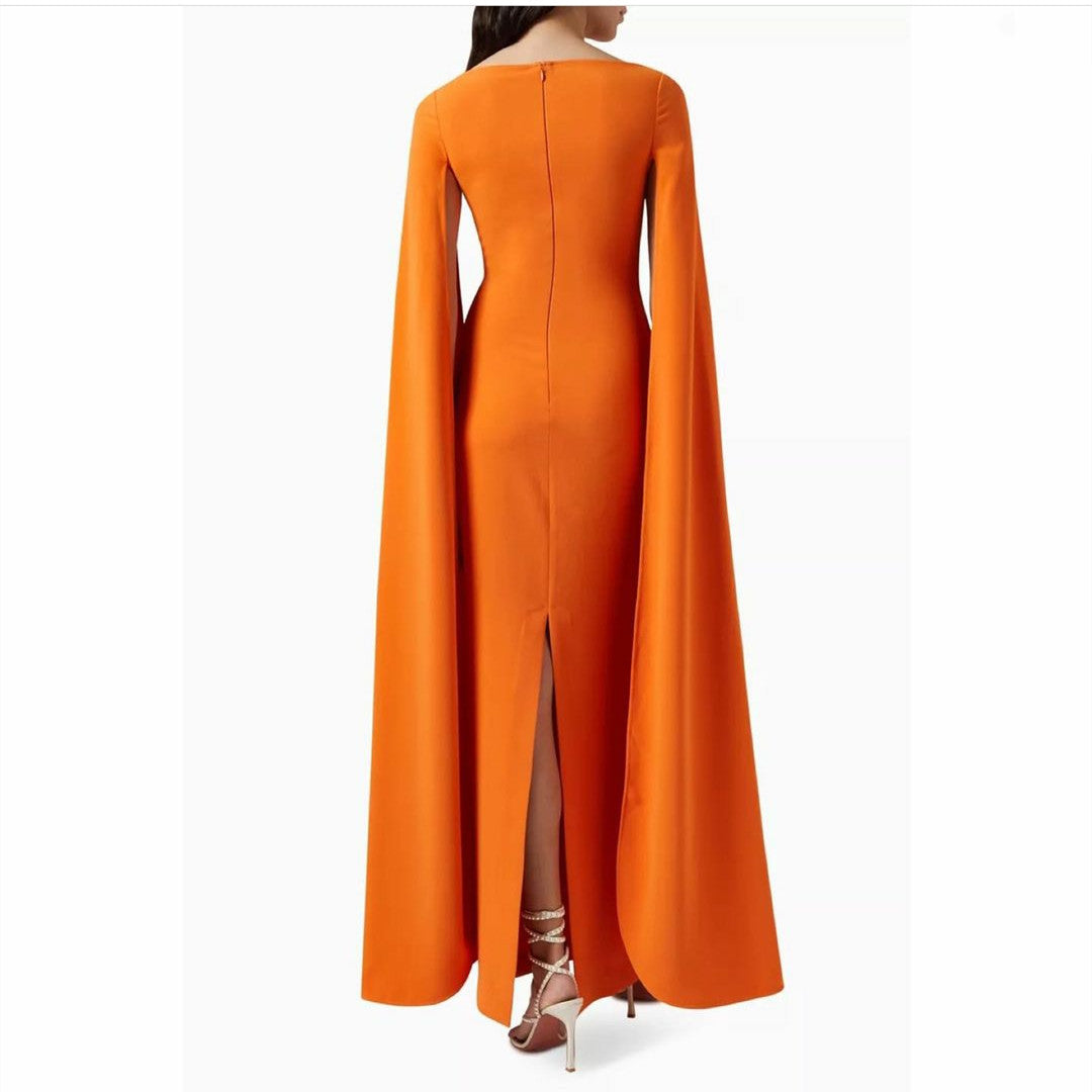 Short Orange Crepe Evening Dresses with Cape/Slit Sheath Ankle Length فساتين سهرة Wedding Guest Dress for Women