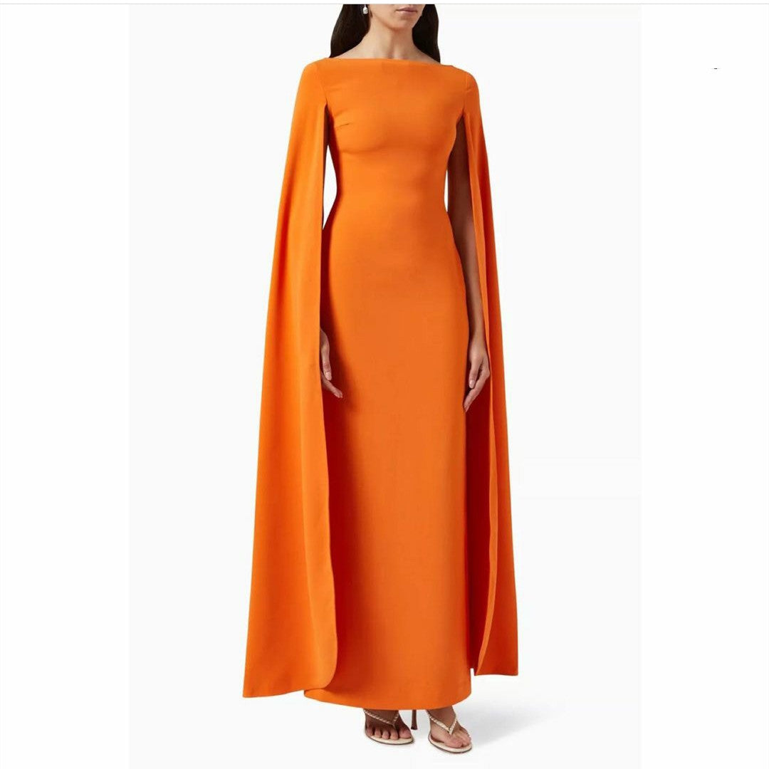 Short Orange Crepe Evening Dresses with Cape/Slit Sheath Ankle Length فساتين سهرة Wedding Guest Dress for Women