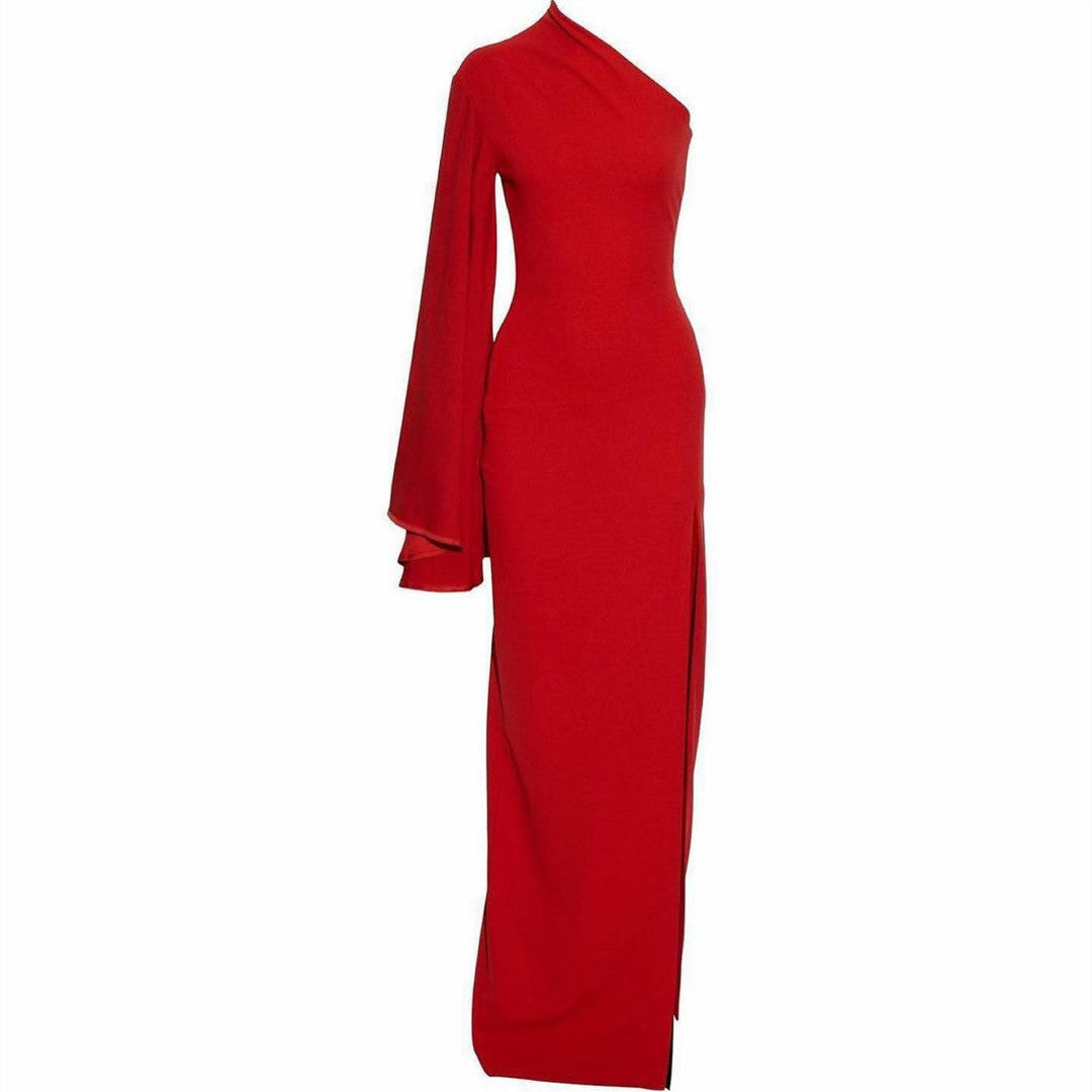 Long Red Crepe Evening Dresses with Slit Sheath One Shoulder فساتين سهرة Wedding Guest Dress for Women