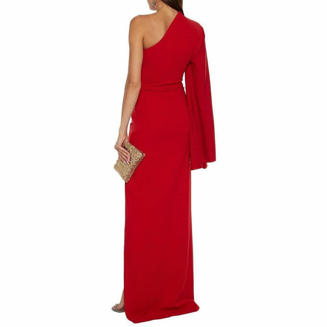 Long Red Crepe Evening Dresses with Slit Sheath One Shoulder فساتين سهرة Wedding Guest Dress for Women