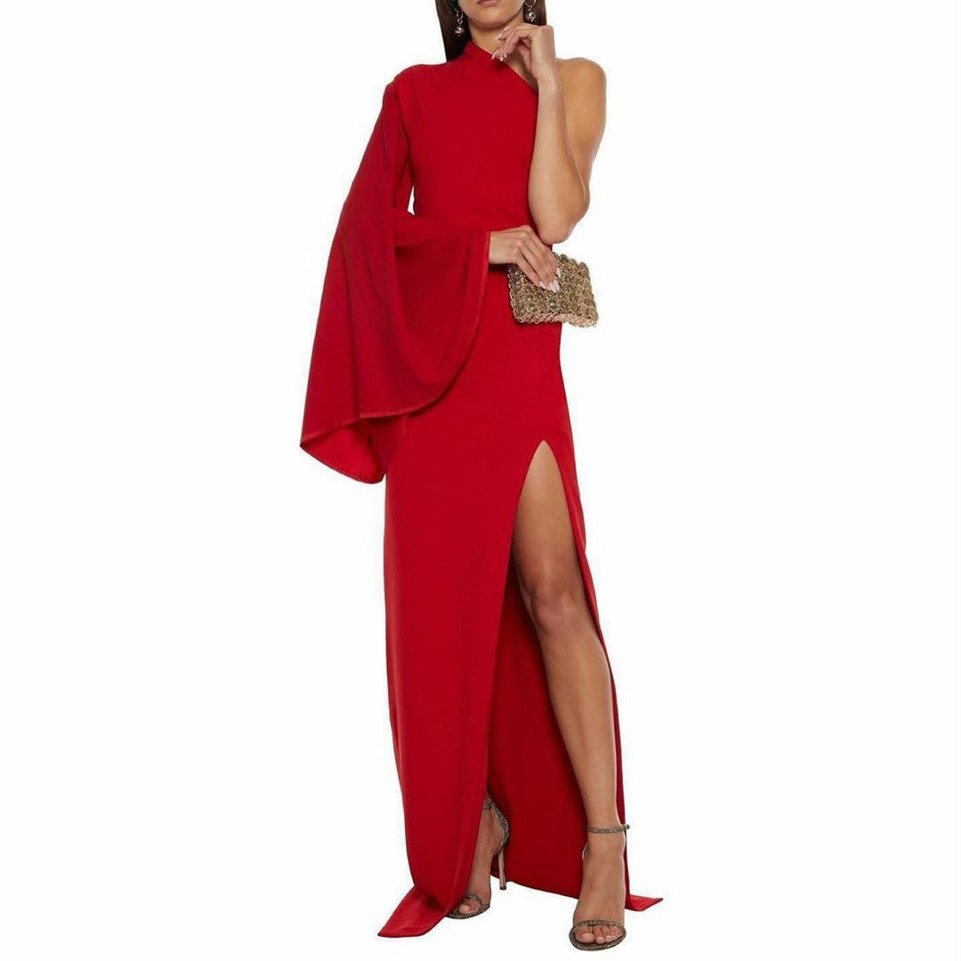 Long Red Crepe Evening Dresses with Slit Sheath One Shoulder فساتين سهرة Wedding Guest Dress for Women