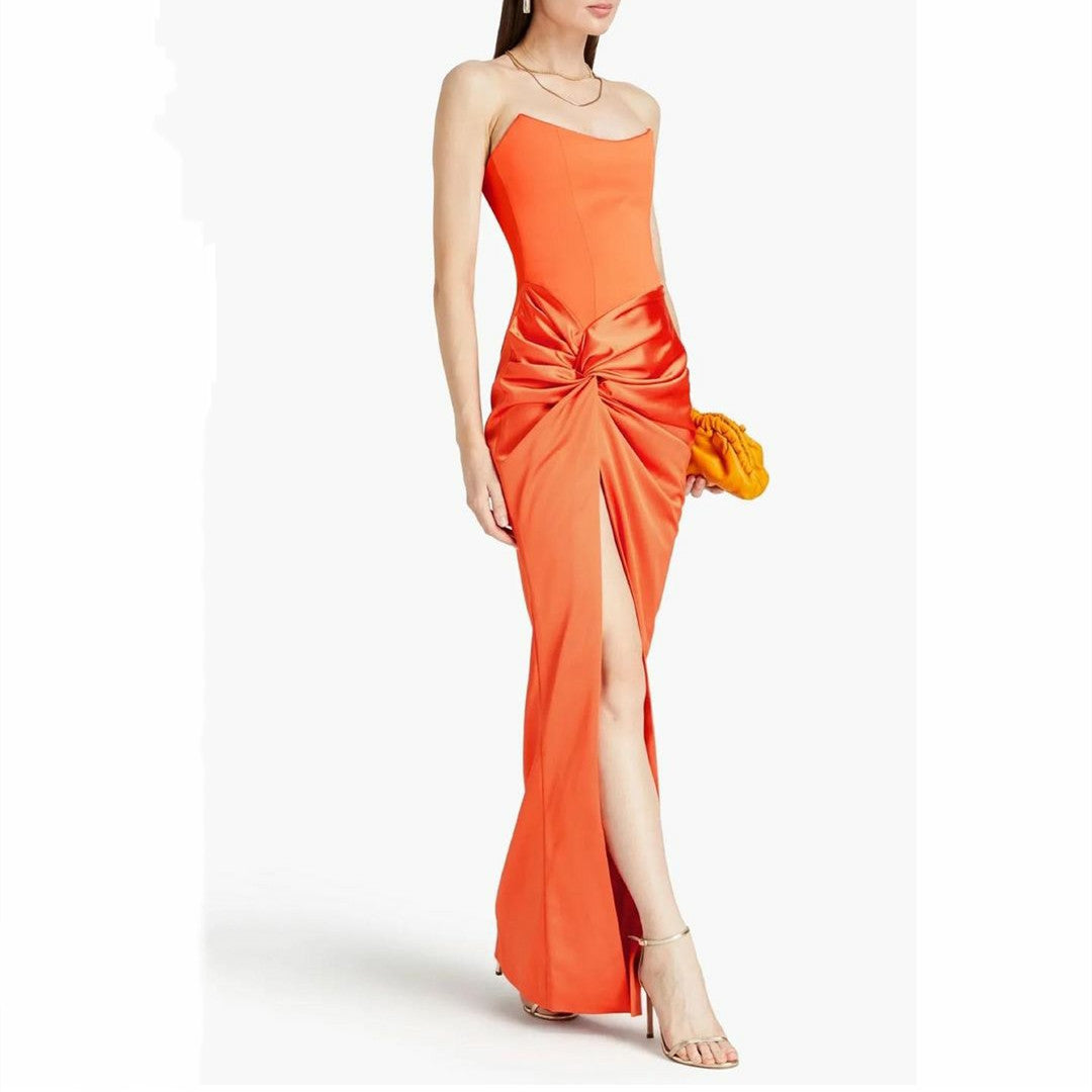 Long Crepe Orange Evening Dresses with Slit Sheath Satin فساتين سهرة Wedding Guest Dress for Women