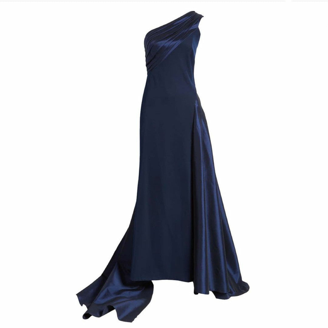 Long Navy Blue Crepe Evening Dresses with Train Sheath Floor Length فساتين سهرة Wedding Guest Dress for Women