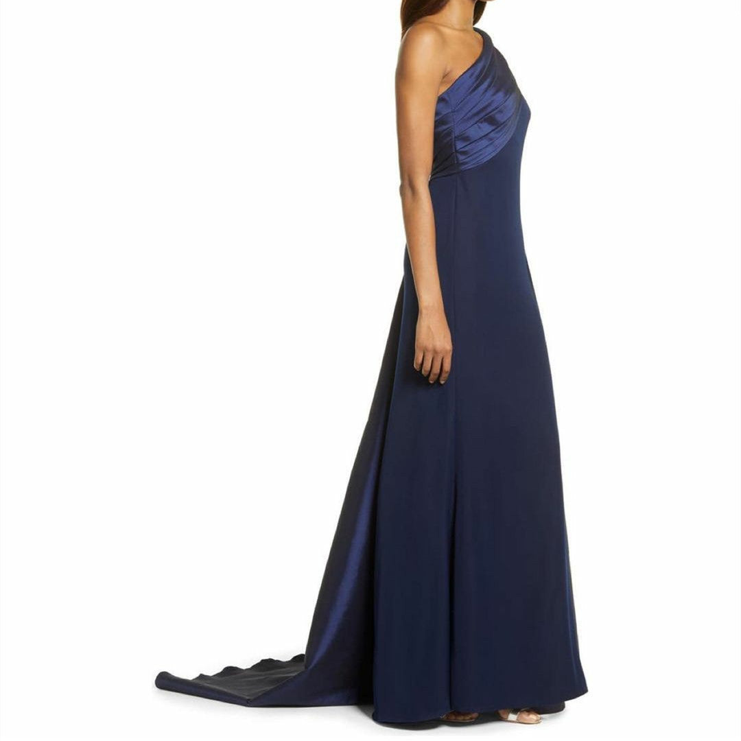 Long Navy Blue Crepe Evening Dresses with Train Sheath Floor Length فساتين سهرة Wedding Guest Dress for Women