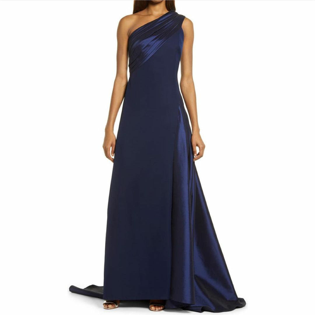 Long Navy Blue Crepe Evening Dresses with Train Sheath Floor Length فساتين سهرة Wedding Guest Dress for Women