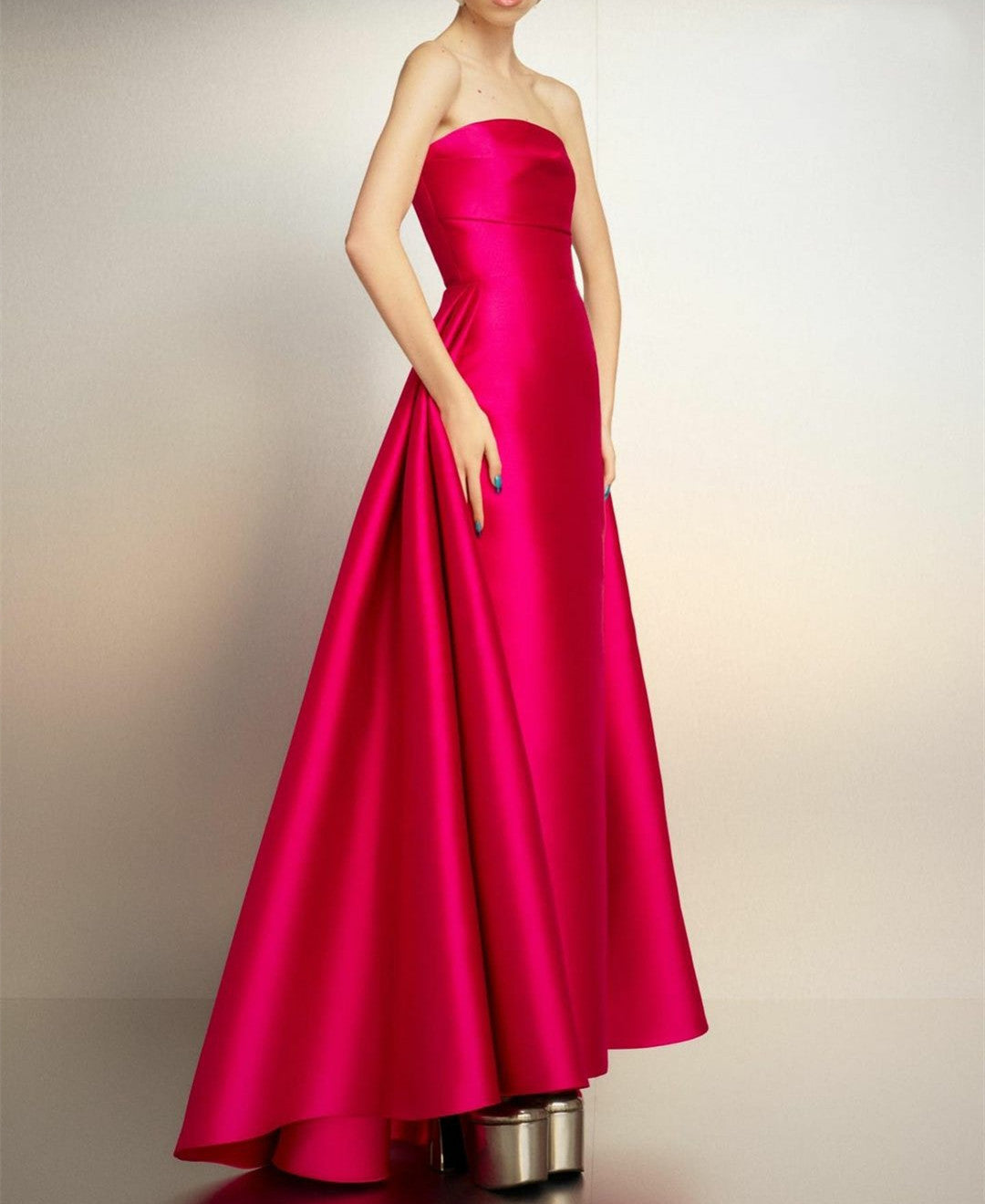 Long Fuchsia Satin Evening Dresses with Side Train Sheath Ankle Length فساتين سهرة Wedding Guest Dress for Women