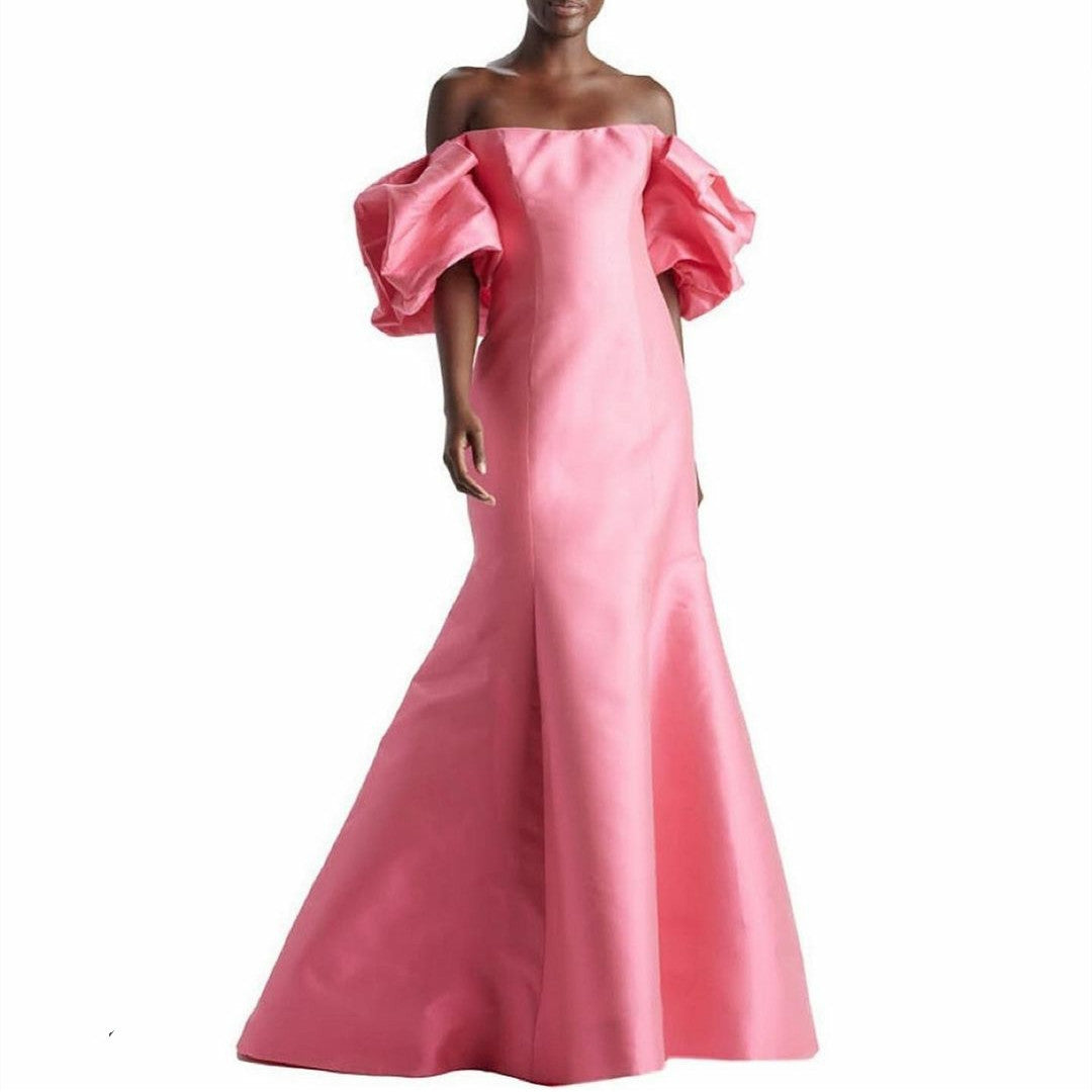 Long Pink Taffeta Evening Dresses with Puff Sleeves Mermaid Strapless فساتين سهرة Wedding Guest Dress for Women