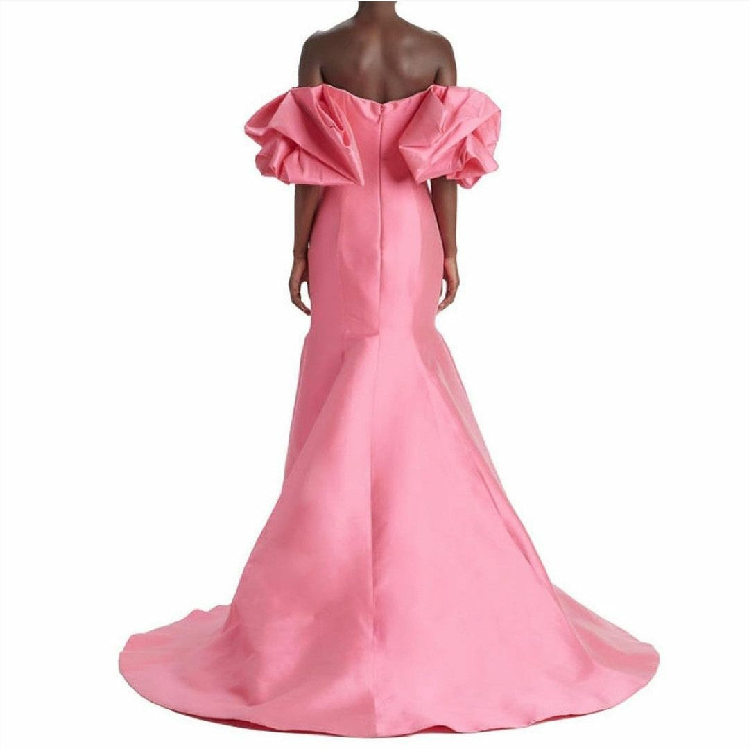 Long Pink Taffeta Evening Dresses with Puff Sleeves Mermaid Strapless فساتين سهرة Wedding Guest Dress for Women