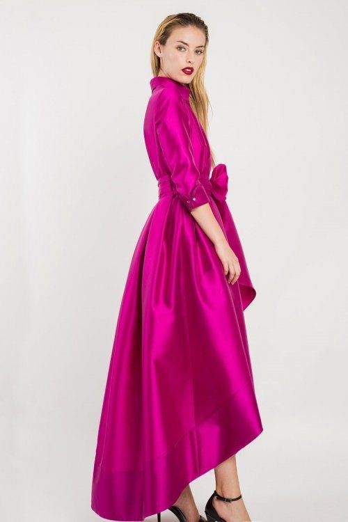 Vintage Short Fuchsia Taffeta Mother of the Brides Dresses With Pockets/Bow Hi-Lo Long Sleeve V-Nck Evening Dress for Women