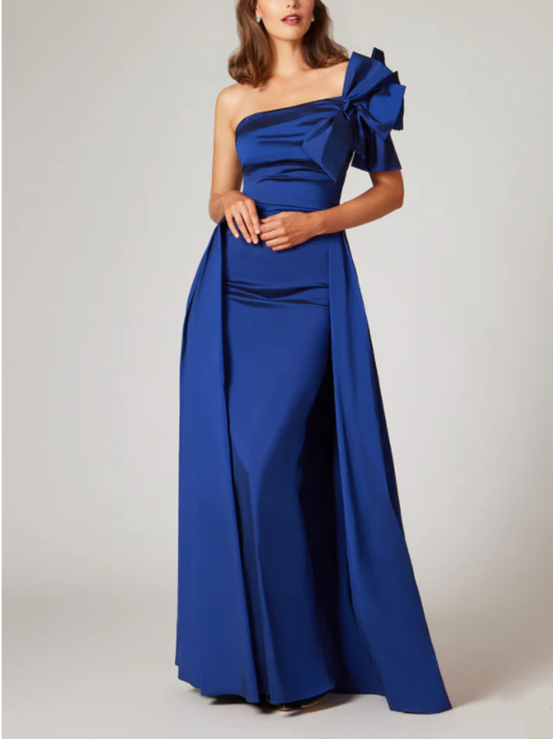 Vintage Long Royal Blue Taffeta Mother of the Bride/Groom Dresses With Bow Sheath One Shoulder Pleated Mother Dresses