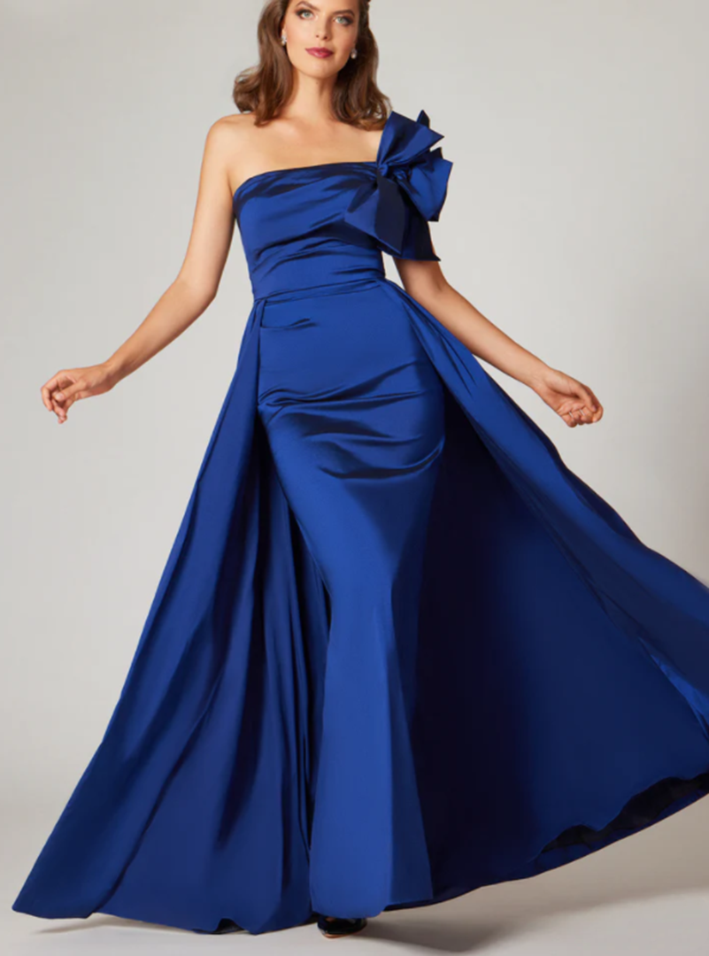 Vintage Long Royal Blue Taffeta Mother of the Bride/Groom Dresses With Bow Sheath One Shoulder Pleated Mother Dresses