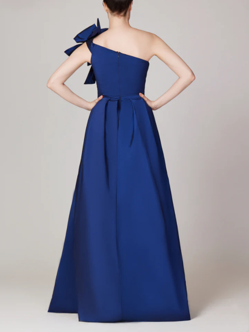 Vintage Long Royal Blue Taffeta Mother of the Bride/Groom Dresses With Bow Sheath One Shoulder Pleated Mother Dresses