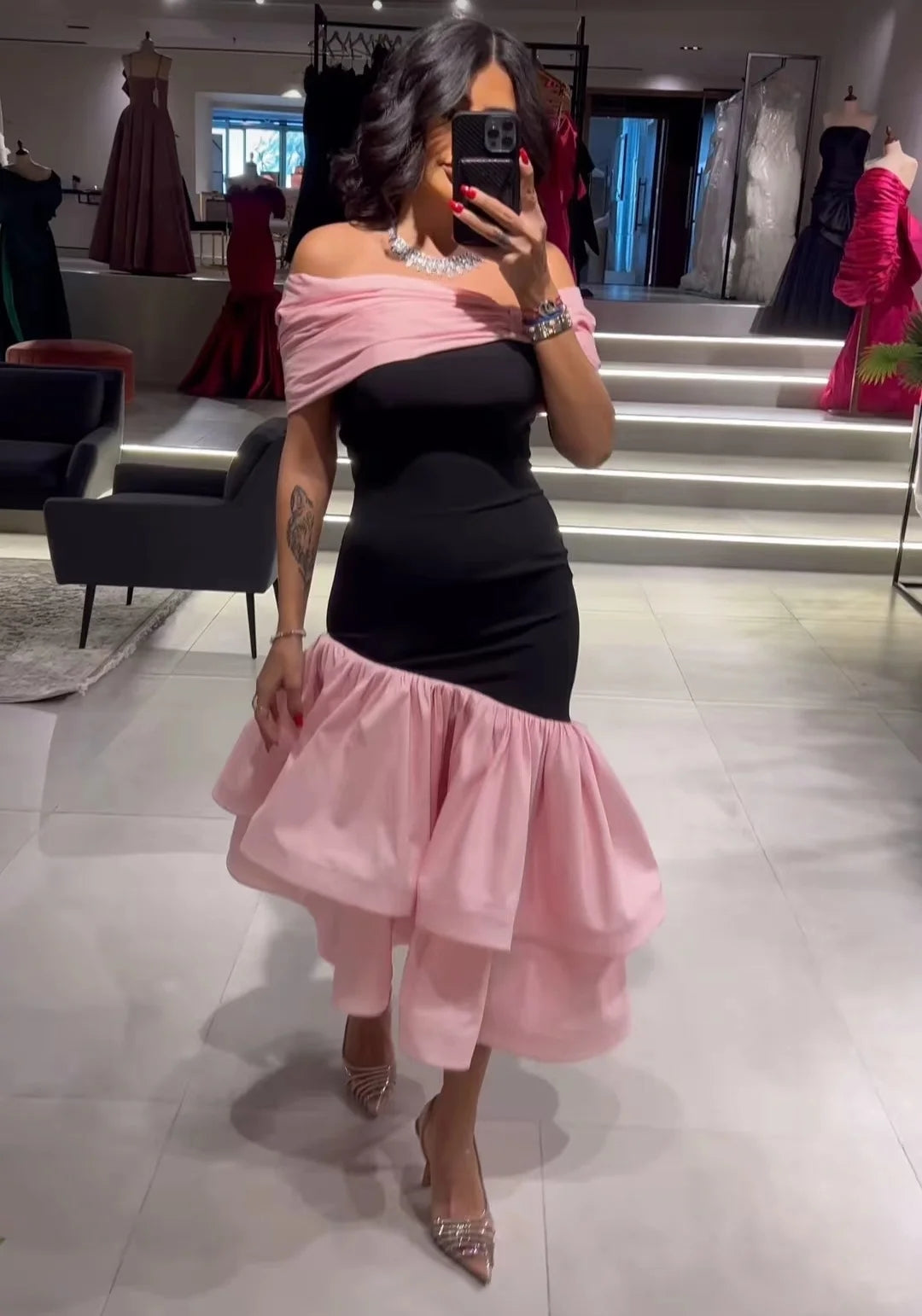 Elegant Short Off Shoulder Evening Dresses With Ruffles Mermaid Muslim Above Ankle Length فساتين السهرة Prom Gowns for Women