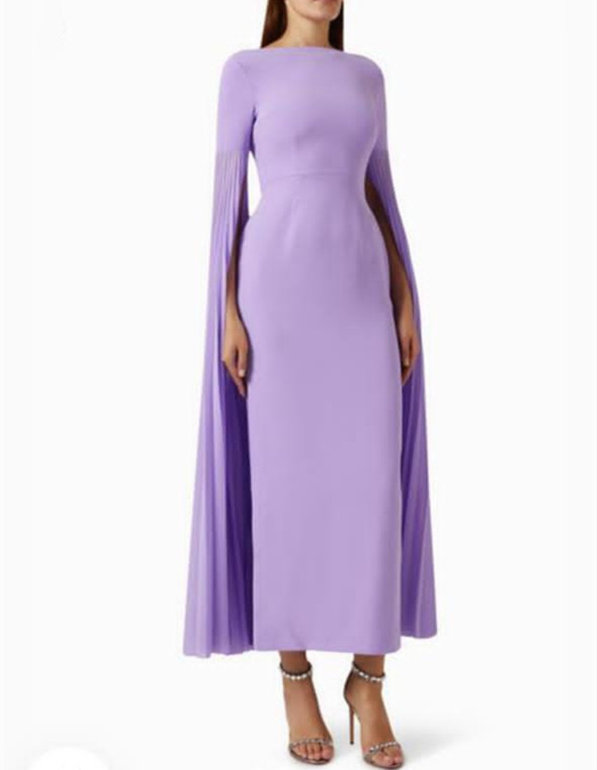 Vintage Long Sleeve Lilac EveningDresses With Slit Sheath Short Jewel Neck Zipper Back Ankle Length Ramadan Dress for Women