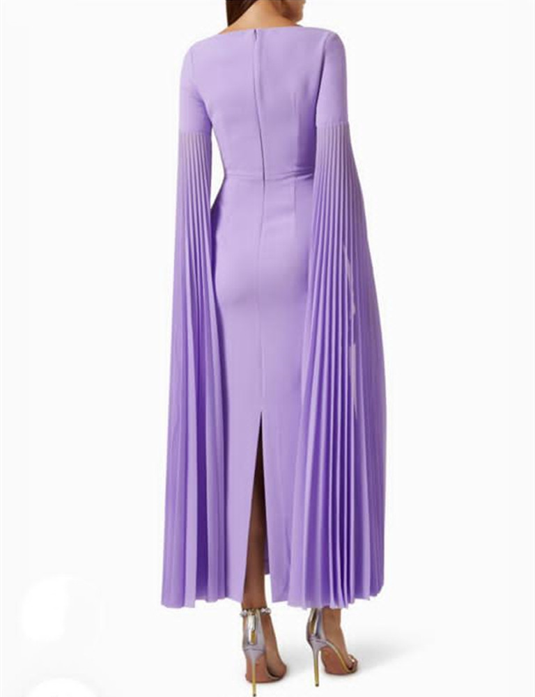 Vintage Long Sleeve Lilac EveningDresses With Slit Sheath Short Jewel Neck Zipper Back Ankle Length Ramadan Dress for Women